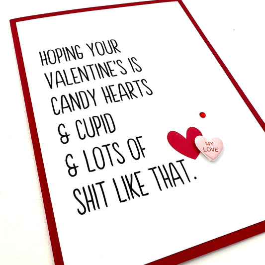 Val Candy Hearts and Cupid Valentine card